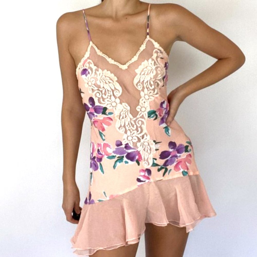 Vintage Peach Floral Ruffle Lace Mini Slip Dress - Picture 2 of 12